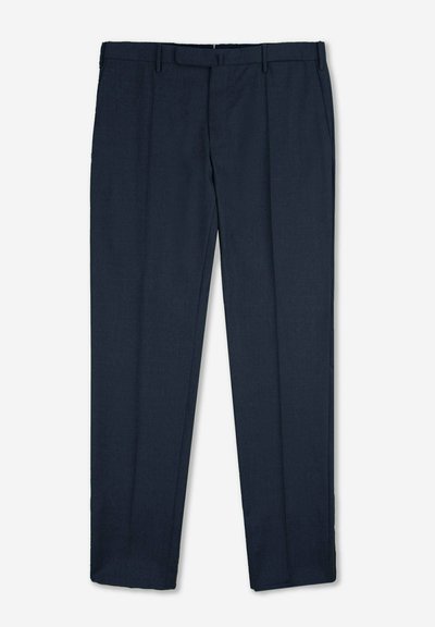 Pantalons formels pour hommes bleu marine avec passants de ceinture, fermeture éclair à l'avant et coupe droite sur fond blanc.