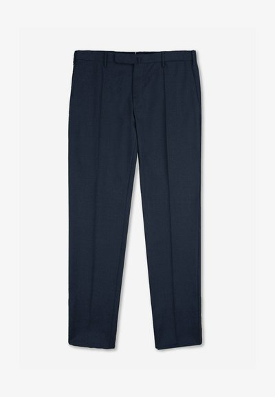 Pantalons formels pour hommes bleu marine avec passants de ceinture, fermeture éclair à l'avant et coupe droite sur fond blanc.