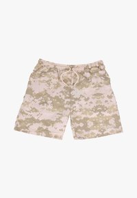 Tarnfarben Badehose in Beige und Hellbraun, mit einem elastischen Bund und Kordelzug sowie einem weißen Logo am linken Bein.