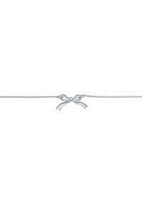 Zilveren kettingarmband met een strikvormige sluiting en twee vloeiende lintuiteinden, een gladde textuur en een gepolijste afwerking.