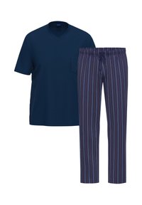 Laivastonsininen V-pääntie T-paita, jossa on tasku; yhdistettynä laivastonsinisiin raidallisiin pyjamahousuihin, joissa on punaiset ja valkoiset raidat sekä joustava vyötärönyöri.