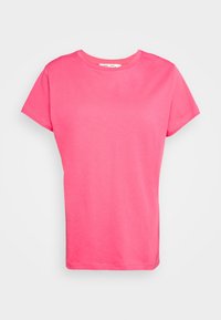 T-shirt en coton rose à manches courtes avec un col rond. Texture douce et design simple, adapté pour une tenue décontractée.