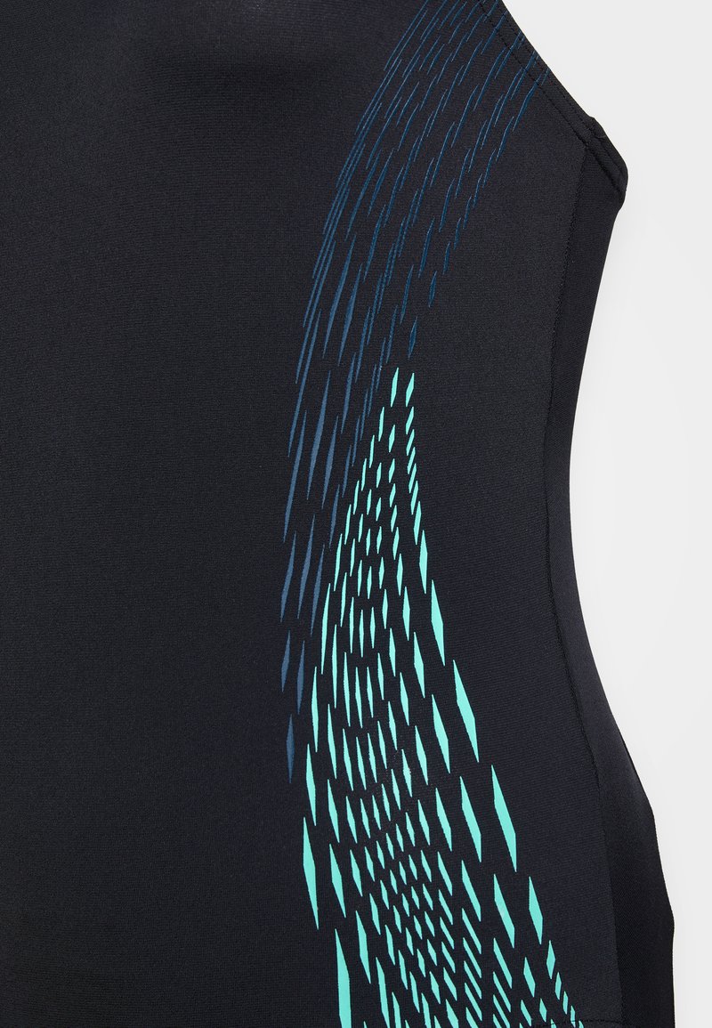 Haut de sport sans manches en tissu noir avec un motif géométrique dynamique bleu et turquoise, offrant une texture lisse et une coupe ajustée.