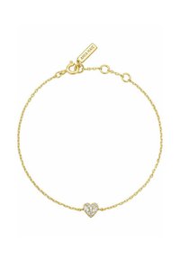 Goldfarbenes Armband mit einer zarten Kette und einem herzförmigen Anhänger, der mit klaren, funkelnden Kristallen verziert ist. Die Kette hat verstellbare Längen.
