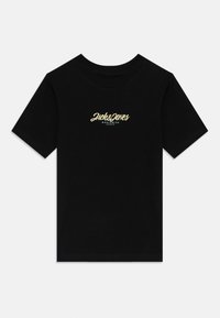 Black cotton t-shirt with short sleeves, featuring a gold and blue logo on the chest. Classic crew neck design with a smooth texture.