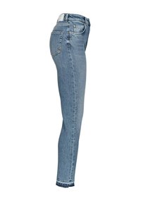 Jeans de mezclilla azul ajustados con una cintura de altura media, diseño de cinco bolsillos y dobladillo deshilachado. La tela tiene una textura sutil y un tono azul clásico.