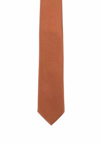 Slim, textured tie in a warm rust color, featuring a subtle pattern. Material appears smooth with a pointed tip.