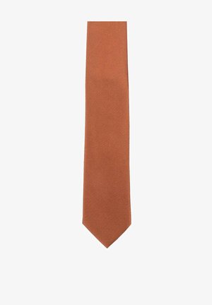 Slim, textured tie in a warm rust color, featuring a subtle pattern. Material appears smooth with a pointed tip.
