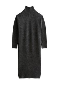 Donkergrijze lange gebreide sweaterjurk met lange mouwen en een hoge geribbelde col, geribbelde manchetten en zoom.