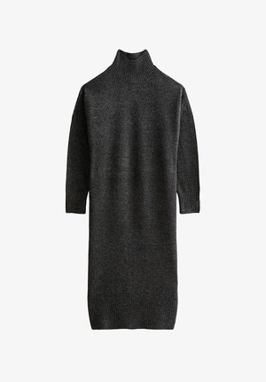 Abito maglione lungo in maglia grigio scuro con maniche lunghe, collo alto a costine a dolcevita, polsini e orlo a costine.
