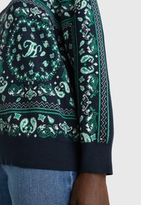 Marineblauwe trui met een groen en witte paisleypatroon. Voorzien van geribde manchetten en zoom, met een klein logo-accent op de mouw.