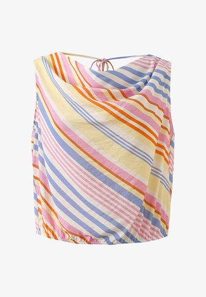 Gestreifter ärmelloser Oberteil aus leichtem Stoff. Verfügt über mehrfarbige Streifen in Pink, Orange, Blau und Gelb. Mit Rückengeknotetverschluss und geschwungener Saum.