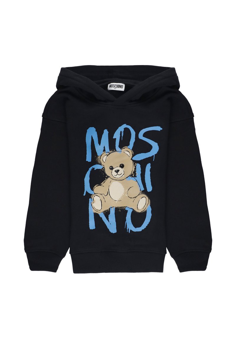 Felpa nera con cappuccio, con il testo blu "MOSCHINO" e una grafica di un orsetto beige centrata sul davanti.