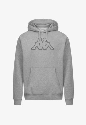 Felpa grigia con cappuccio e tasca frontale a marsupio, con un logo grafico nero raffigurante due figure sedute. Realizzata in tessuto morbido e testurizzato.