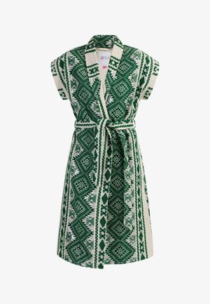 Ropon verde și alb cu model, cu mâneci scurte, un guler și o curea asortată. Caracterizat prin designuri geometrice și un material texturat.