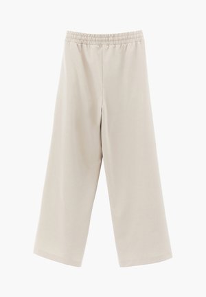 Pantalon beige à jambes larges avec taille élastique, sans poches visibles ni fermetures, présenté sur un fond blanc.