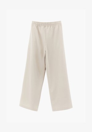 Pantalon beige à jambes larges avec taille élastique, sans poches visibles ni fermetures, présenté sur un fond blanc.