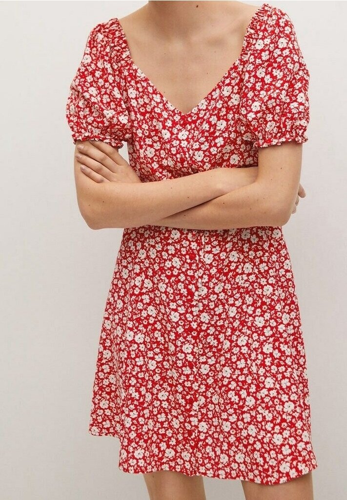 Rotes Kleid mit kurzen Puffärmeln, V-Ausschnitt und weißem Blumenmuster. Der Stoff ist leicht und das Design hat einen ausgestellten Rock.