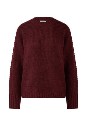 Ciemnoczerwony sweter z okrągłym dekoltem, dziany, z długim rękawami oraz ściągaczami przy rękawach i u dołu.