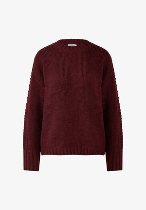 Dark red knitted crew neck sweater with long sleeves and ribbed cuffs and hem.