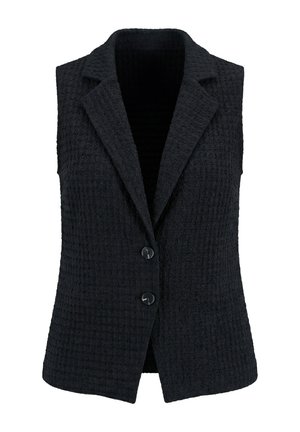 Czarna, teksturowana kamizelka bez rękawów z wyciętymi klapami i dwoma frontowymi guzikami, dopasowana dla podkreślenia sylwetki.