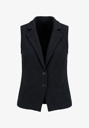Czarna, teksturowana kamizelka bez rękawów z wyciętymi klapami i dwoma frontowymi guzikami, dopasowana dla podkreślenia sylwetki.
