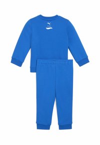 Conjunto de chándal de algodón azul que incluye una camiseta de manga larga con cuello redondo y pantalones a juego con cintura elástica y puños. Logo de PUMA en la parte posterior.