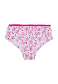 Mutande grigio chiaro con rifiniture rosa, caratterizzate da motivi ripetuti di personaggi dei cartoni animati e piccole impronte rosa. Materiale in cotone con una texture morbida.