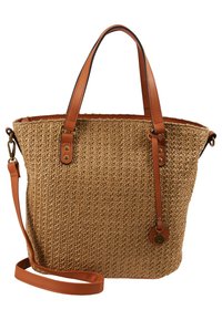 Geweven beige strohandtas met bruine leren accenten, dubbele bovenhandvatten en een verstelbare schouderriem. Heeft een gestructureerd oppervlak.