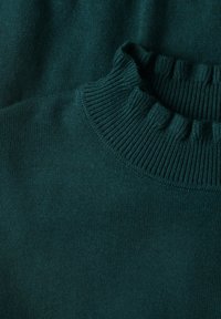 Pull à col roulé côtelé vert foncé avec un détail de col tricoté légèrement froncé sur un tissu doux.
