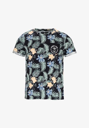 T-shirt a maniche corte blu navy con motivo floreale tropicale, caratterizzato da foglie verdi, fiori blu e beige, e una piccola tasca frontale con logo.