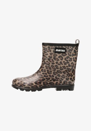 Kumipitsama jalkineet leopardikuosisilla, mustilla yksityiskohdilla, teksturoidulla pinnalla, matalalla nilkkosuunnittelulla ja lenkillä helpottamassa pukemista.