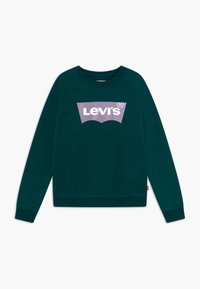 Zelená mikina s kulatým výstřihem a ragl�ánovými rukávy. Na přední straně je fialové logo Levi's. Vyrobena z měkké látky s žebrovanými manžetami.