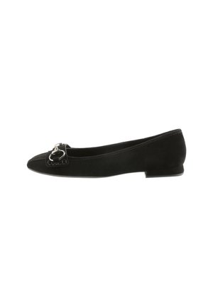 Black suede ballet flat with a pointed toe, featuring a metallic buckle detail on the front and a low heel for comfort.
