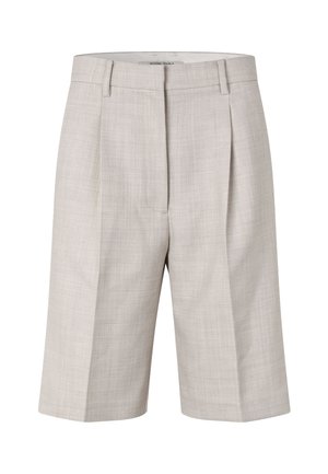 Shorts sartoriali grigio chiaro con tessuto strutturato, davanti plissettato, tasche laterali e vita comoda.