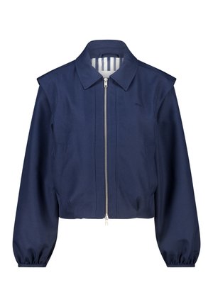 Veste courte bleu marine en tissu lisse, dotée d'un col, d'une fermeture éclair et de manches longues bouffantes avec des poignets élastiques.