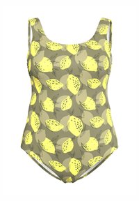 Costume da bagno con una base verde-grigia caratterizzata da un motivo a limoni gialli e neri. Dispone di spalline larghe e una silhouette aderente.