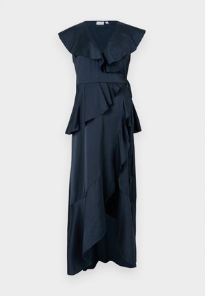 Rochie lungă navy dintr-un material neted, având volane stratificate, un decolteu adânc în V și un tiv asimetric pentru o siluetă fluidă.