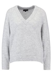 Hellgrauer V-Ausschnittpullover aus weichem Material, mit langen Ärmeln sowie gerippten Bündchen und Saum, in entspannter Passform und mit subtiler Struktur.