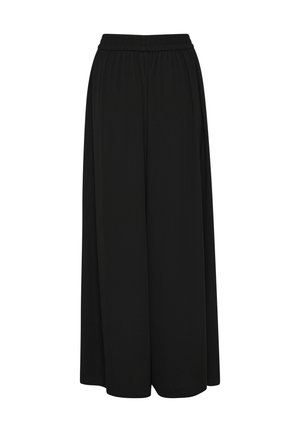 Schwarze weit geschnittene Hosen aus weichem Stoff, mit einem elastischen Bund und glatter Textur ohne Muster oder sichtbare Hardware.