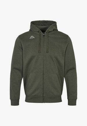 Olivgrüner Kapuzenpullover mit durchgehendem Reißverschluss, Fronttaschen, verstellbarer Kordelzugkapuze, gerippten Bündchen und kleinem weißem Logo auf der linken Brust.