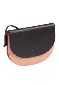 Leather handbag with a rounded, saddle-shape design featuring black and beige color blocking and subtle embossed logo detail.
