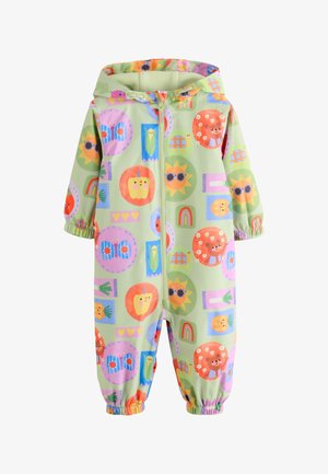 Detský overal s kapucňou na zips, svetlozelená základná farba, farebné karikatúrne vzory slnka, medveďa, jablka, korytnačky, motýľa a dúhy.