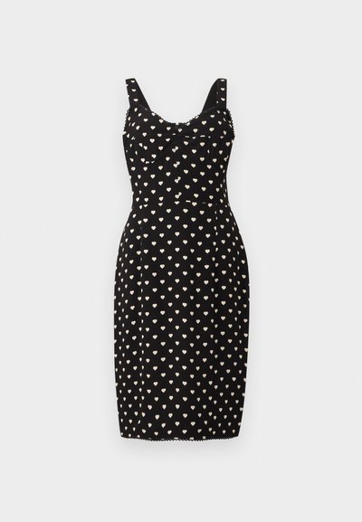 Μαύρο φόρεμα μήκους μέχρι το γόνατο με λευκό σχέδιο καρδιών, φαρδιές τιράντες, εφαρμοστή μέση και διακοσμητική λεπτομέρεια με κυματιστό τελείωμα στο ντεκολτέ και στον ποδόγυρο.