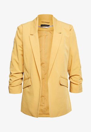 Geel damesblazer met ingesneden revers en geplooide driekwartmouwen, met twee klepzakken aan de voorkant en een gladde binnenvoering.
