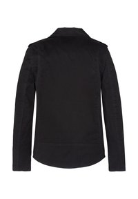 Chaqueta negra con cuello, mangas largas y corte recto. Fabricada con tela suave; presenta un diseño simple sin adornos.