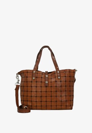 Braune Leder-Handtasche mit einem Rautenmuster, zwei Tragegriffen, einem abnehmbaren Schultergurt und silbernen Hardware-Accents.