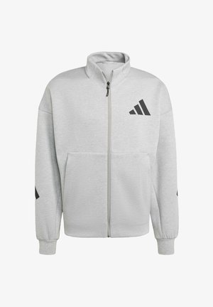 Gray zip-up sweatshirt with high collar, front pockets, black logo on left chest, and subtle black accents on sleeves. Soft fabric texture.