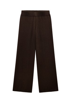 Brązowe spodnie o szerokich nogawkach z miękką elastyczną talią, wykonane z gładkiej tkaniny, o prostym kroju bez widocznych wzorów.