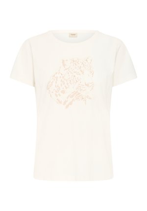 Bílé bavlněné tričko s krátkými rukávy, na přední straně s jemným růžovým potiskem leopardí hlavy. Kulatý výstřih a volný střih.